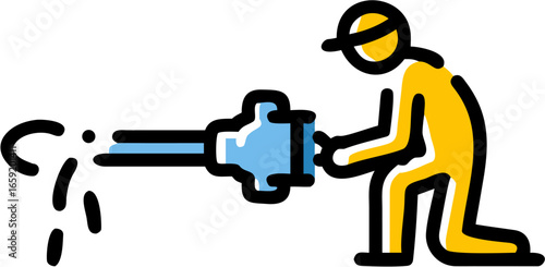 Person kneeling and holding a large blue plug with water droplets coming out of it in a cartoon style