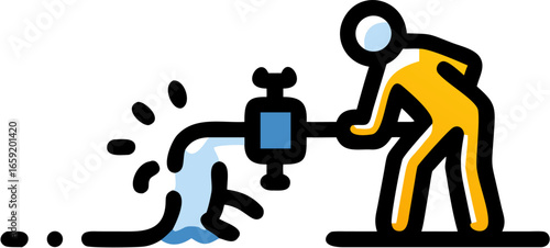Illustration of a person turning on a water valve with water flowing out of the pipe in a cartoon style