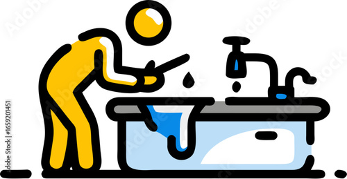 Person washing hands over a sink with running water in a cartoon style illustration with bold outlines