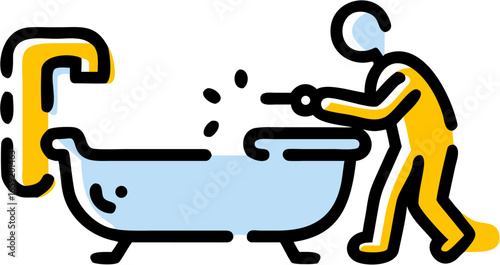 Person filling bathtub with water from faucet in an outlined cartoon style illustration design element