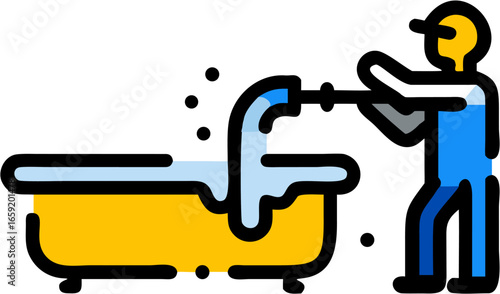 Plumber fixing a bathtub with water pouring into it using a tool and wearing a cap and blue overalls