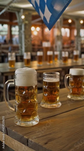  Oktoberfest beer - Several mugs of beer with foamy heads are arranged on a wooden table, with a Bavarian flag in the background.