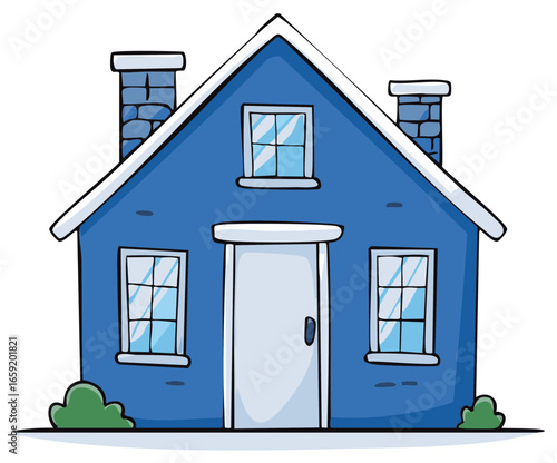 Charming Blue Home with Chimneys, Windows, and Shrubbery, Illustration of a Residential Building