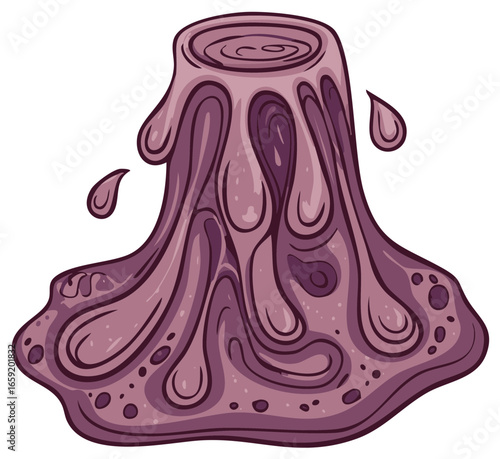 Erupting purple mud volcano with thick flowing slime cartoon illustration