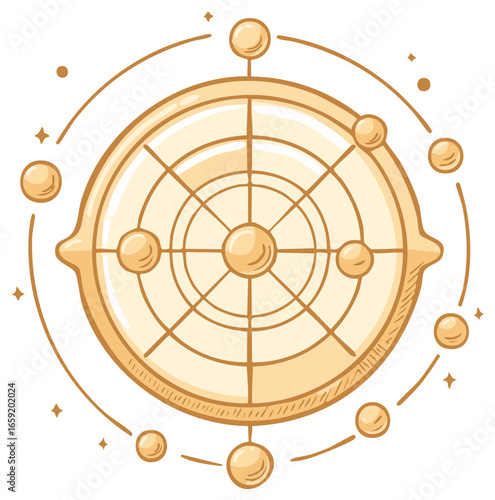 Golden Celestial Diagram with Orbiting Orbs and Cosmic Elements Illustration