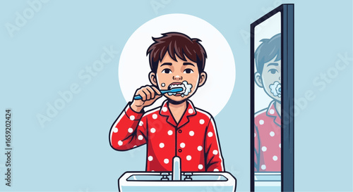 A young boy in red polka dot pajamas brushing his teeth in front of a bathroom mirror, reflecting his focused expression and the morning routine