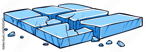 Cracked ice blocks with broken pieces scattered around
