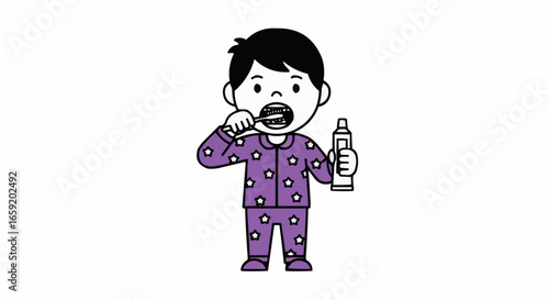 Cute cartoon boy in purple pajamas brushing his teeth with a toothbrush and toothpaste, isolated on white background, representing dental hygiene and morning routine