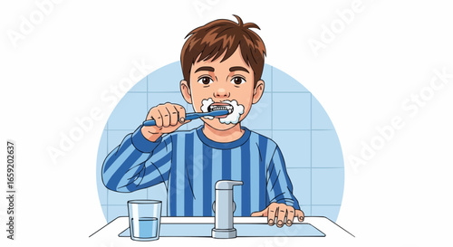 Boy with brown hair in a blue striped shirt brushing his teeth at a sink with a toothbrush, toothpaste, and a glass of water, with a tiled background
