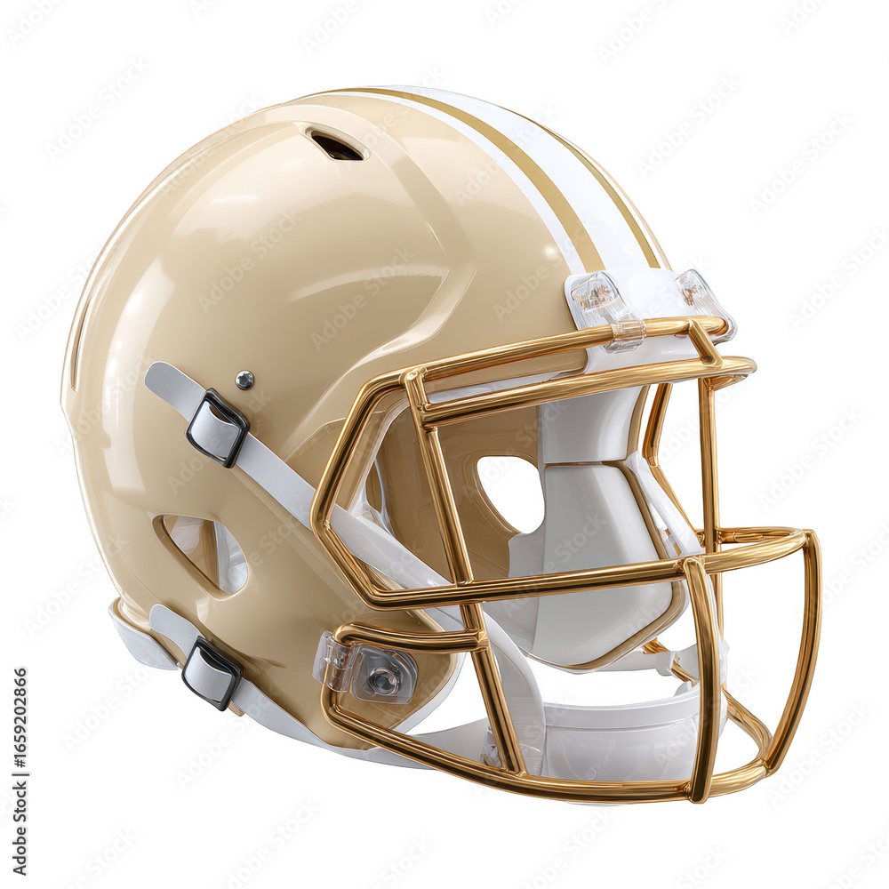 Fototapeta premium High-Quality American Football Helmet with Gold Face Mask and White Stripes for Sports Branding and Promotions