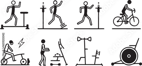 A collection of vector silhouettes showing people, instruments, and golf equipment for business, sport, and fitness design