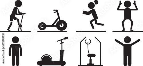 Vector illustration of a man exercising with a dumbbell and a child on a red tricycle