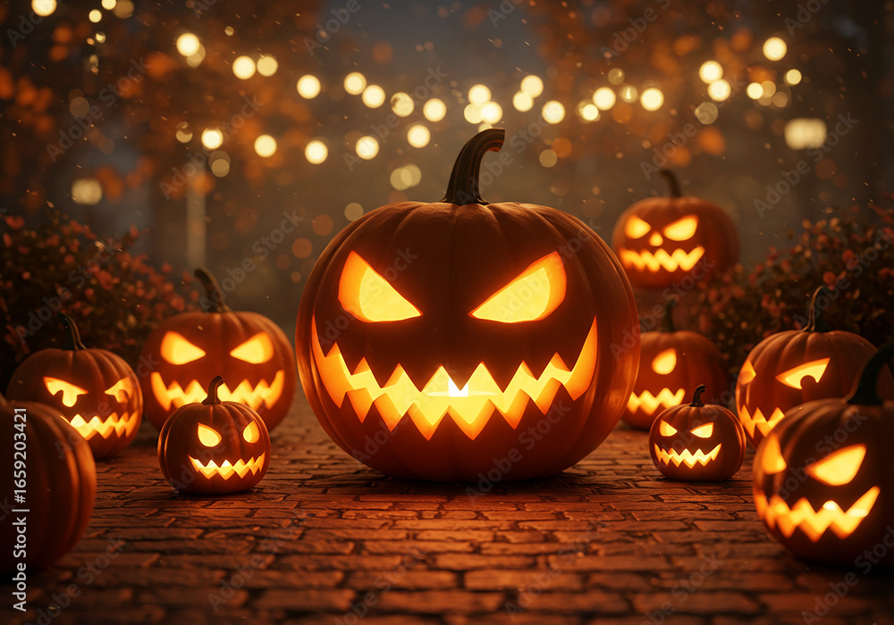 Fototapeta premium Menacing Jack-o'-lanterns illuminate a cobblestone path at night, creating a spooky Halloween scene with warm, glowing lights and falling snow.