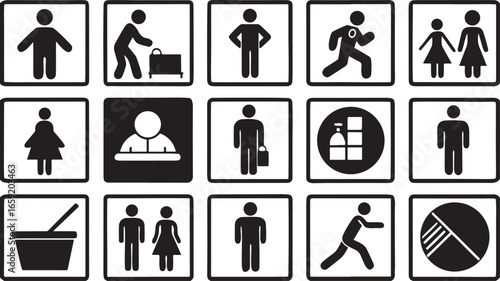 Set of business people pictograms, black vector stick figures and silhouettes representing man and woman office workers, illustrations of management and team concepts