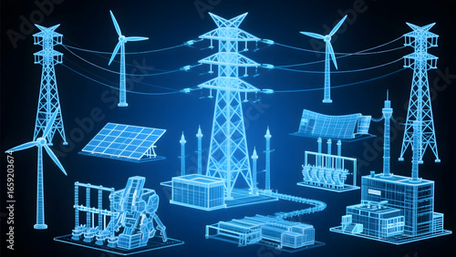 Vector illustration of a Christmas tree with lights drawing and windmill tower with industry art