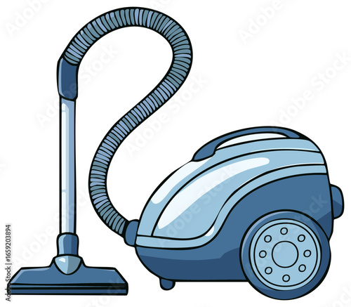 Blue canister vacuum cleaner with hose for household cleaning chores