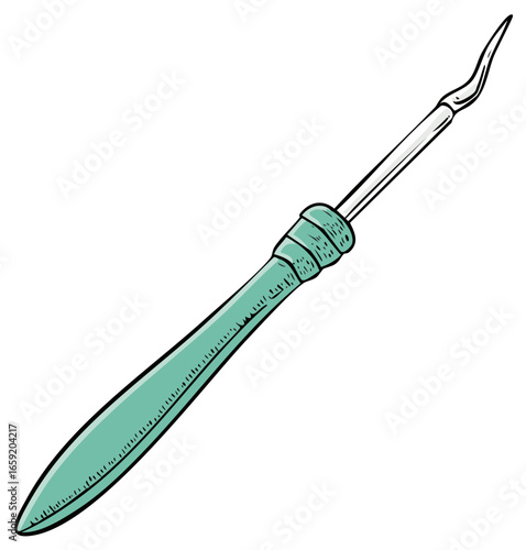 Cartoon style dental tool image with green handle and curved metal tip for cleaning