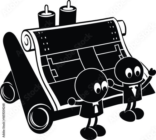 Vector illustration of two businessmen standing next to a blueprint
