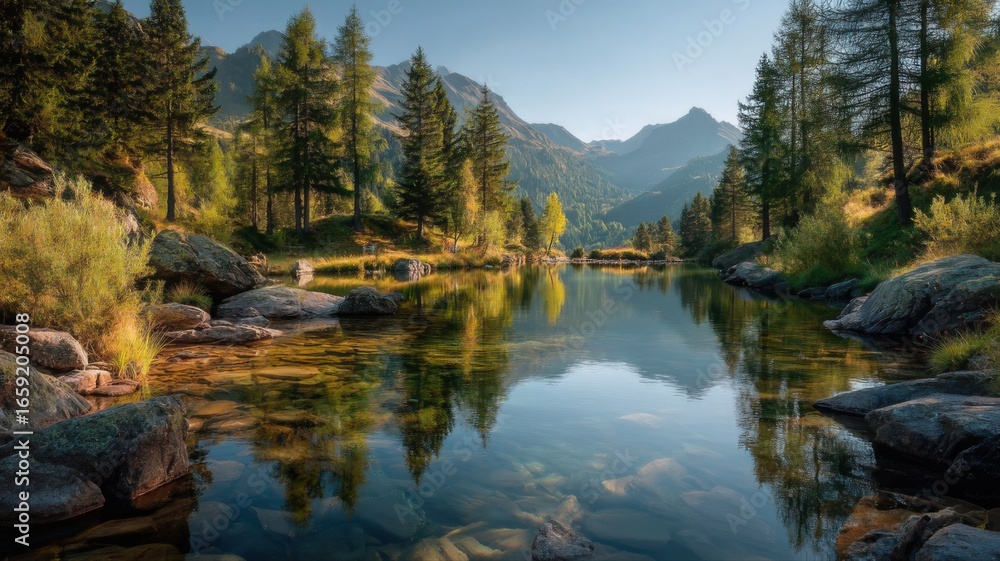Fototapeta premium Serene Lake with Forest Reflections and Mountain Landscape