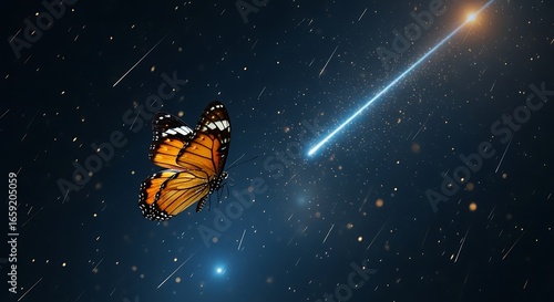 monarch butterfly flying past bright shooting star