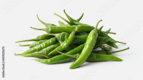Vibrant pile of fresh green chili peppers against a plain white backdrop