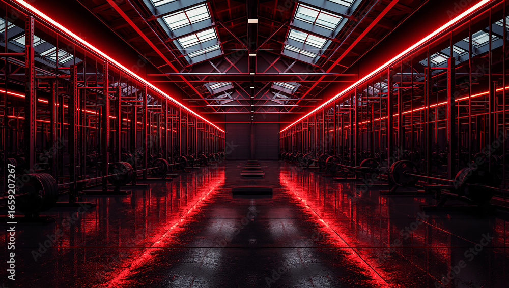 Fototapeta premium Modern Gym Interior with Red Neon Lights and Weightlifting Equipment in Futuristic Fitness Center