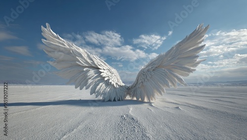 Majestic white wings spread wide in a desolate, sunlit landscape