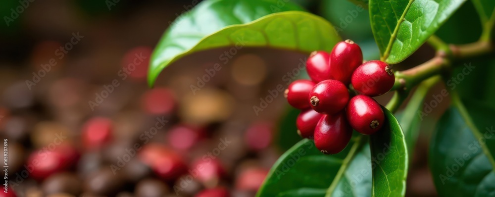 Obraz premium Close-up of coffee plant with ripe red beans, roasted coffee backdrop, detail, drink, coffee plant