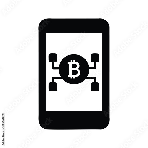 Bitcoin Blockchain Network on a Mobile Phone Screen, Cryptocurrency Decentralization Concept, Bitcoin on mobile screen silhouette vector illustration