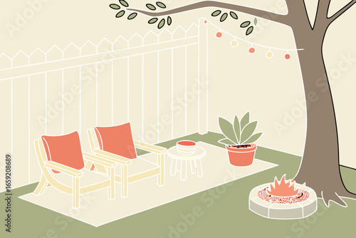 Vector art of cozy backyard patio with chairs, fire pit, and string lights