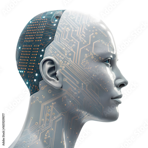 AI Concept: Human Head with Digital Circuitry and Technology