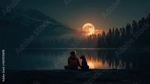 Person sitting with dog by lake watching full moon rise over forest mountains