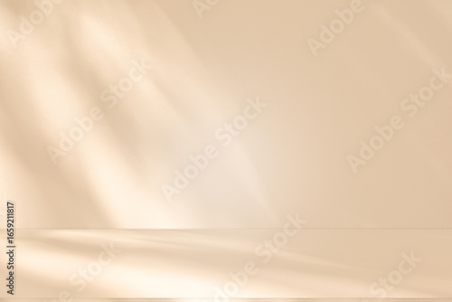 Studio style background wall decoration presentation uses white and beige tones. with shadows cast from a nearby window, concept creating a decorative backdrop