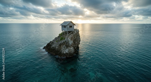 Solitary cabin atop rocky islet against a cloudy sunrise, surrounded by turquoise ocean