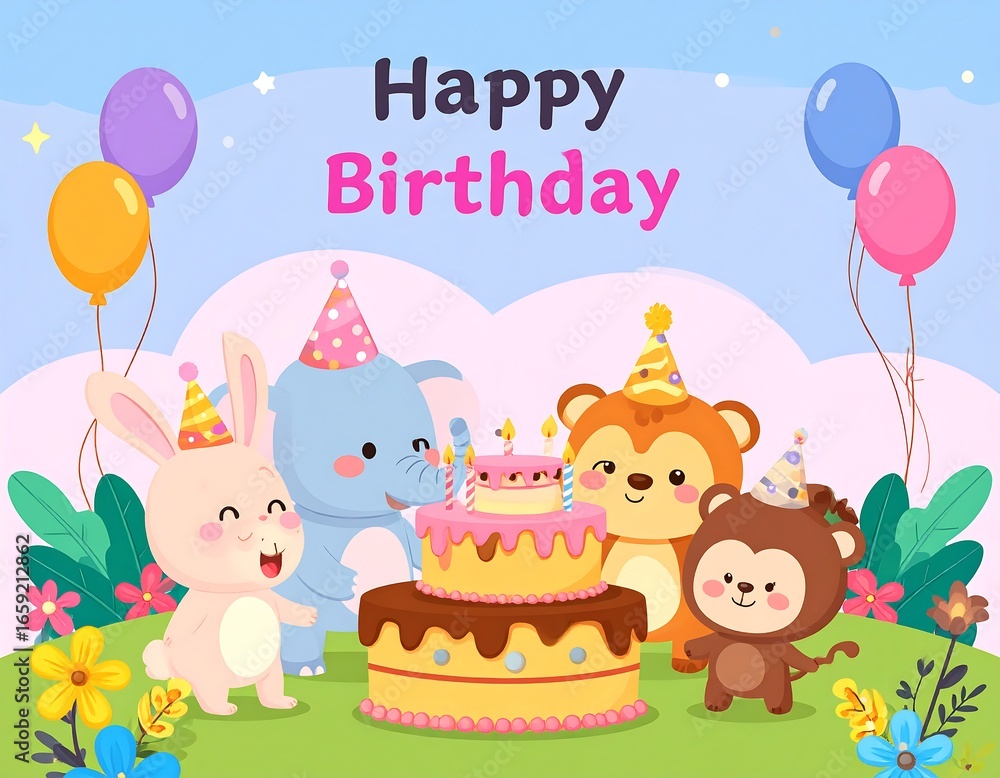 Fototapeta premium Cute animals celebrating a birthday