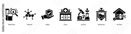 Laboratory Safety Essentials web banner icon vector illustration featuring Blood Test, Polymer, Safety, Clinic, Science, Bioreactor, and Air Flow.