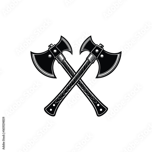 Crossed axes illustration of medieval battle axes, ancient weapon equipment, vintage design silhouette