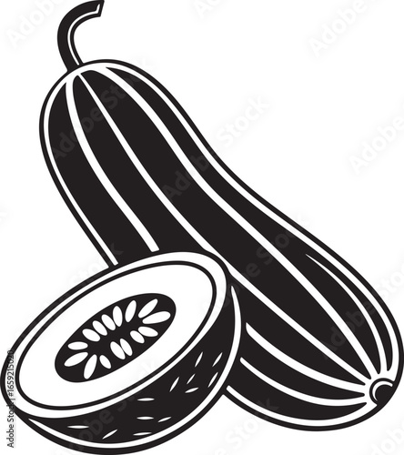 A stylized black and white illustration of a whole cucumber and a sliced cucumber revealing its seeds and flesh perfect for healthy eating and cooking graphics