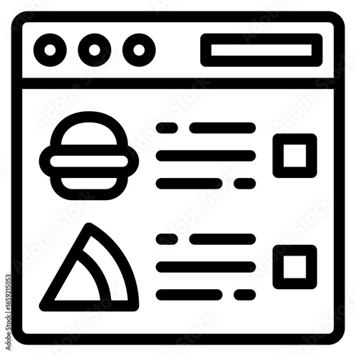 Online food ordering website icon in line style, suitable for food delivery, fast food, and restaurant concept illustrations