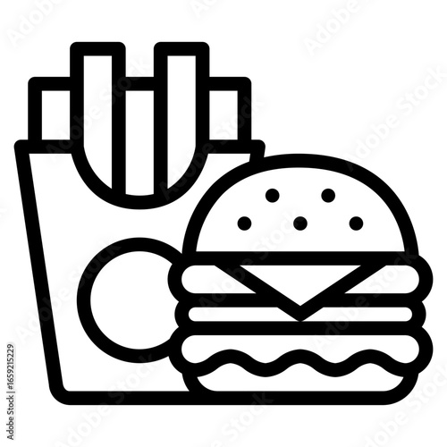 Burger and french fries icon in line style, suitable for food delivery, fast food, and restaurant concept illustrations