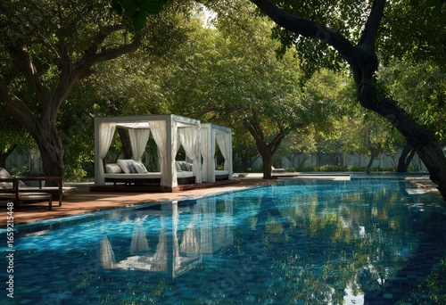 Tranquil poolside cabanas under lush trees