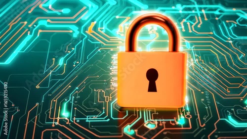 Wallpaper Mural A captivating digital illustration of a modern lock against a vibrant neon circuitry background, symbolizing advanced security technology and data protection. Torontodigital.ca