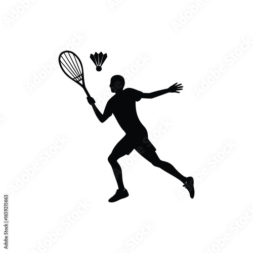 Silhouette of badminton player hitting shuttlecock with racket in action pose
