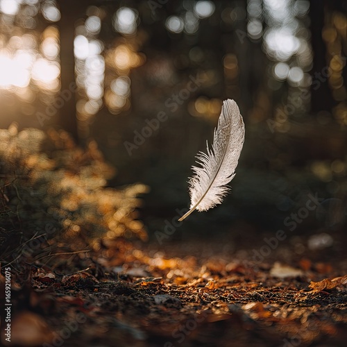 A single white feather floats gently above autumn leaves in a sunlit forest