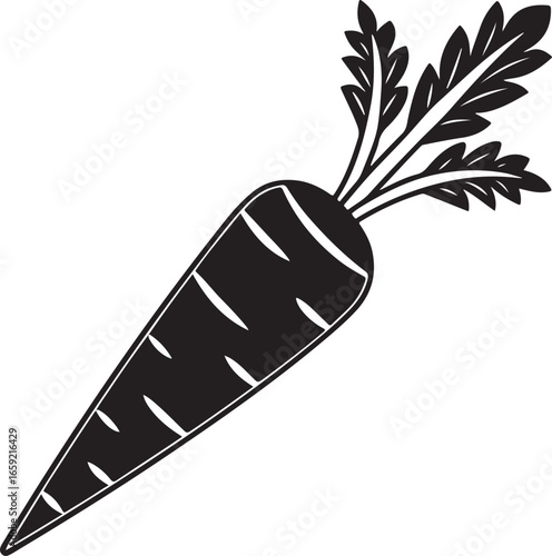 Simple black silhouette of a fresh carrot with green leaves on a white background