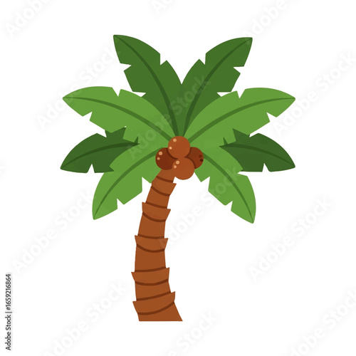 A single coconut palm tree with coconuts stands against a white background, evoking a tropical, idyllic mood.