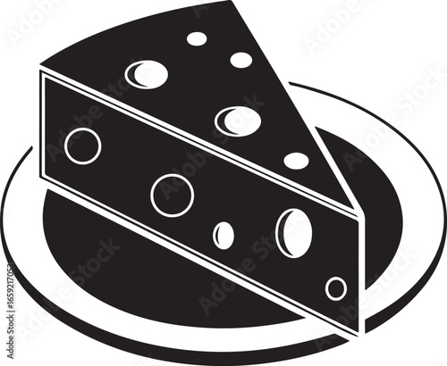 A bold black and white illustration of a triangular slice of swiss cheese with prominent holes resting on a circular plate
