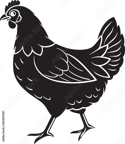 A striking black silhouette of a hen stands proudly showcasing its detailed feathers and alert eye a classic depiction of farmyard poultry