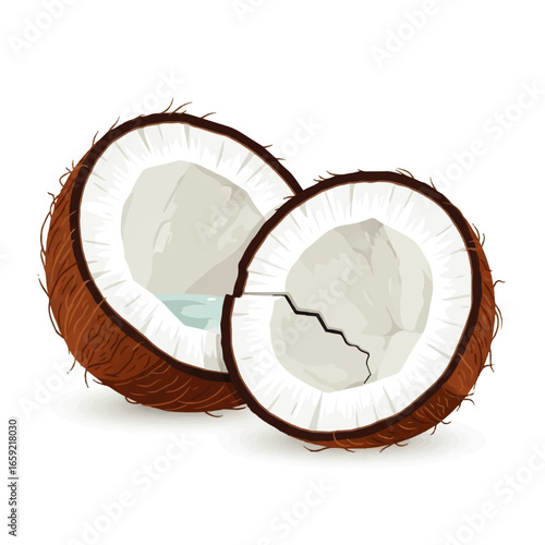 Two halves of a ripe coconut reveal refreshing coconut water, showcasing the tropical fruit's texture and natural sweetness against a clean white background.