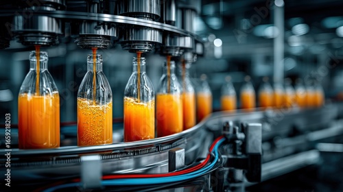 Automated Beverage Bottling Line Filling Orange Juice Into Glass Bottles